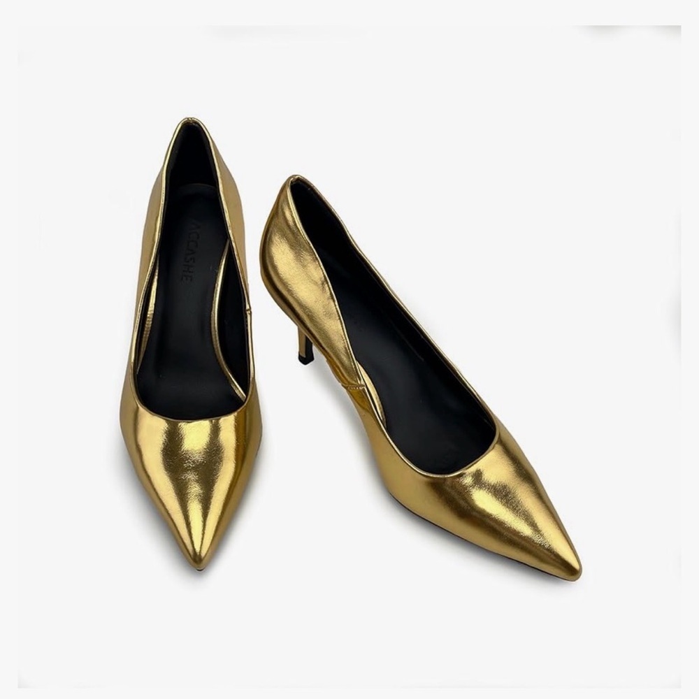 VACCASHE
Paris Metal Leather Needle Heel Shoes, Gold Paris
